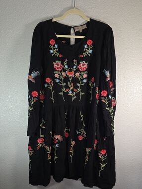 Philosophy Black Floral Embroidered Long-Sleeve Tunic Dress
